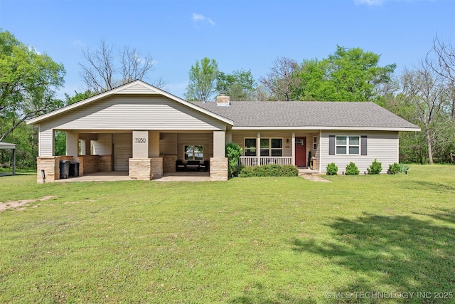 view of front of property featuring a front lawn, a shingled roof, covered porch, and a chimney