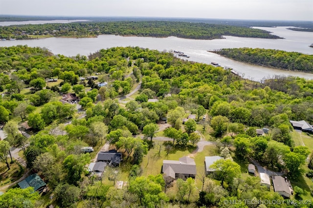drone / aerial view with a water view and a wooded view