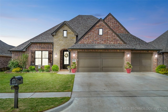 french country home featuring brick siding, a lawn, driveway, and a shingled roof