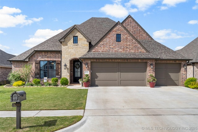 french country style house with driveway, stone siding, roof with shingles, a front yard, and brick siding