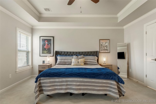 2910 E Olympia St, Broken Arrow, OK 74014 - bedroom with a tray ceiling, crown molding, visible vents, and light carpet
