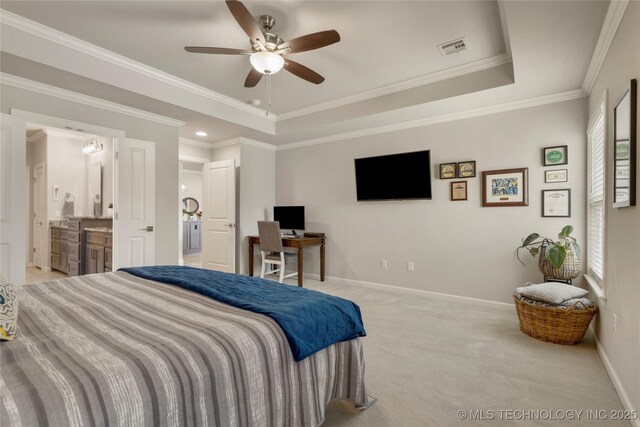 2910 E Olympia St, Broken Arrow, OK 74014 - carpeted bedroom featuring a raised ceiling, crown molding, baseboards, and visible vents