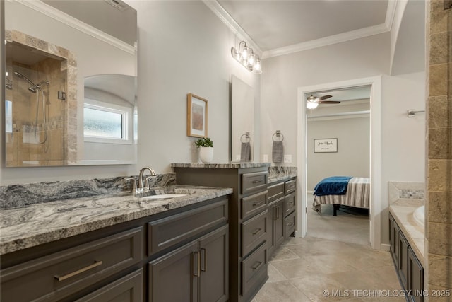 2910 E Olympia St, Broken Arrow, OK 74014 - bathroom featuring connected bathroom, ceiling fan, ornamental molding, a tile shower, and vanity