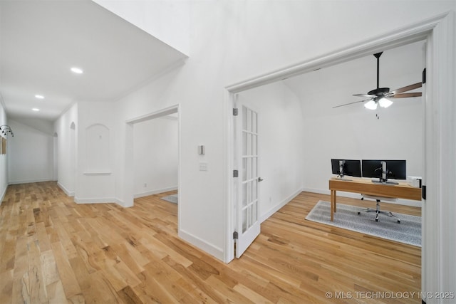 home office featuring recessed lighting, light wood-type flooring, baseboards, and ceiling fan