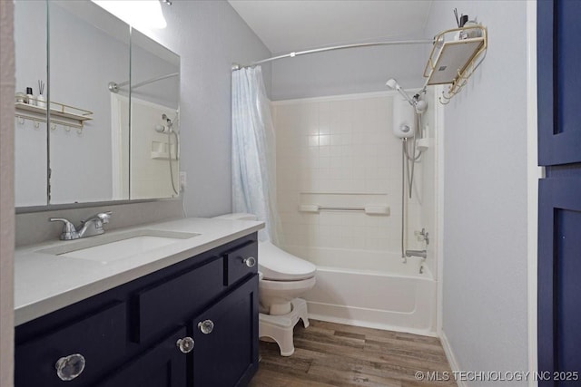 341 S Diamondhead Dr, Burneyville, OK 73430 - bathroom with vanity, shower / bath combination with curtain, toilet, and wood finished floors
