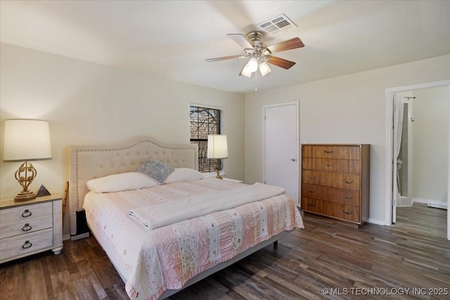 341 S Diamondhead Dr, Burneyville, OK 73430 - bedroom featuring ceiling fan, visible vents, baseboards, and dark wood-style floors