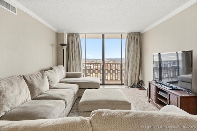 carpeted living area featuring a textured ceiling, crown molding, visible vents, and expansive windows