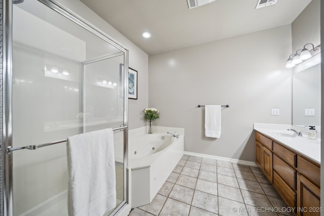 full bath with vanity, visible vents, a shower stall, tile patterned floors, and a jetted tub