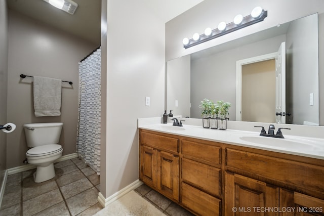 bathroom with double vanity, toilet, visible vents, and a sink