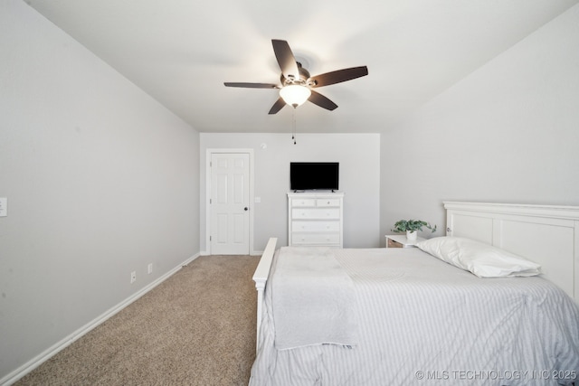 bedroom featuring light colored carpet, baseboards, and ceiling fan