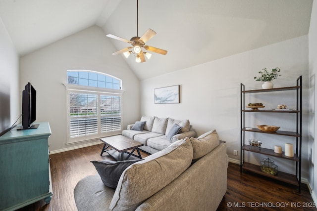 living area with dark wood-style floors, high vaulted ceiling, baseboards, and a ceiling fan