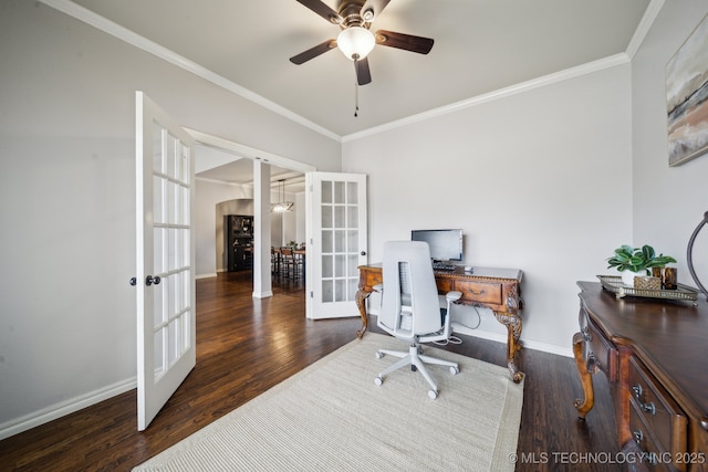 office with french doors, baseboards, wood finished floors, and crown molding