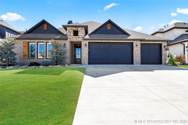 view of front of home with a front yard, an attached garage, brick siding, and driveway