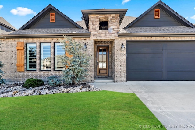 view of front of property with brick siding, an attached garage, driveway, and roof with shingles