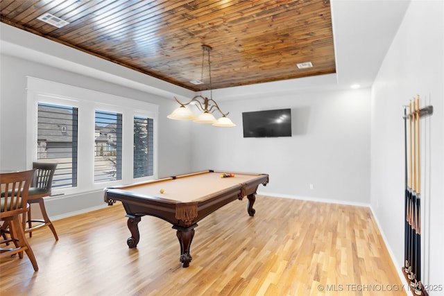 recreation room featuring a tray ceiling, light wood-style flooring, baseboards, and wooden ceiling