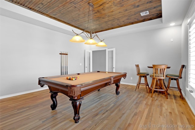 rec room featuring a raised ceiling, light wood-style flooring, wood ceiling, and baseboards