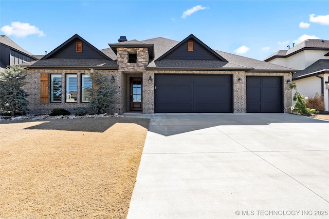 view of front of house featuring concrete driveway, an attached garage, brick siding, and roof with shingles