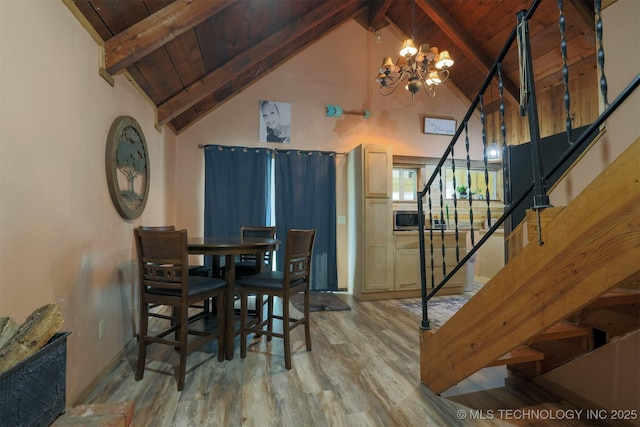 dining space with stairs, wood finished floors, beamed ceiling, and wood ceiling