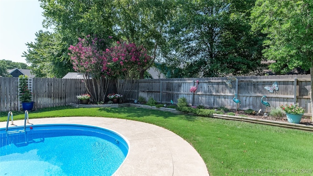 view of swimming pool with a fenced backyard and a yard