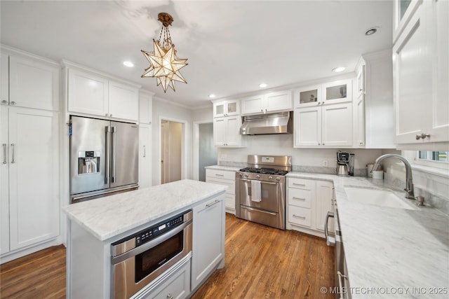 kitchen with under cabinet range hood, stainless steel appliances, white cabinetry, and a sink