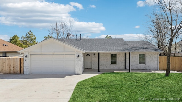 ranch-style house with a shingled roof, fence, concrete driveway, a front yard, and a garage