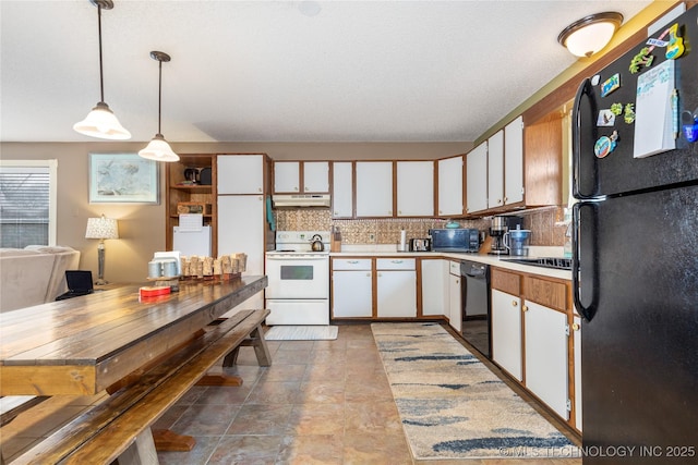 kitchen featuring black appliances, light countertops, under cabinet range hood, white cabinetry, and backsplash