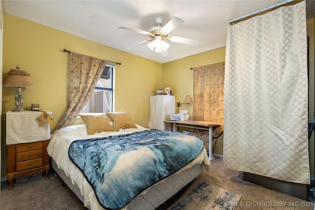 bedroom with a textured ceiling, ceiling fan, and carpet floors