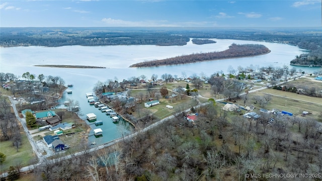 drone / aerial view featuring a water view