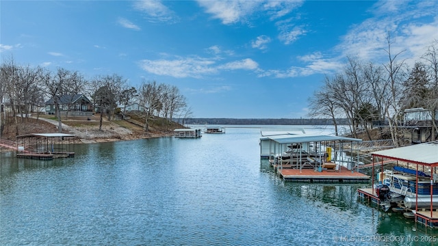 view of dock with a water view