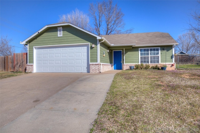 ranch-style home featuring driveway, fence, roof with shingles, a garage, and brick siding