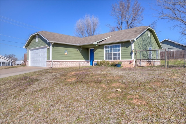 ranch-style house with driveway, brick siding, an attached garage, and fence