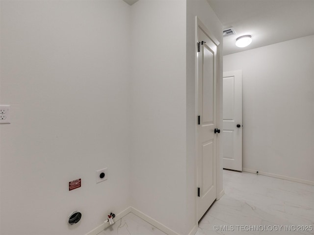 washroom with visible vents, baseboards, laundry area, hookup for a gas dryer, and marble finish floor