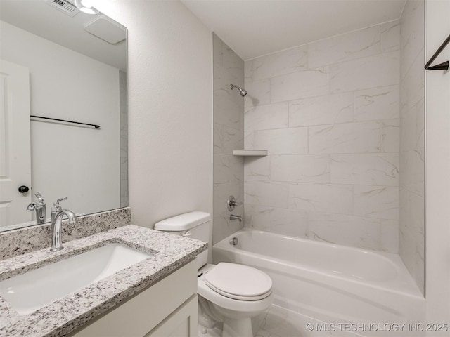 full bathroom featuring vanity, toilet, washtub / shower combination, and visible vents