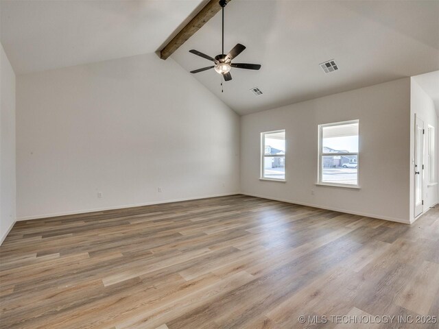 spare room with visible vents, beamed ceiling, a ceiling fan, and wood finished floors