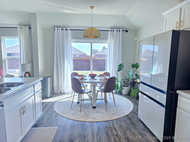 dining space with dark wood finished floors and lofted ceiling