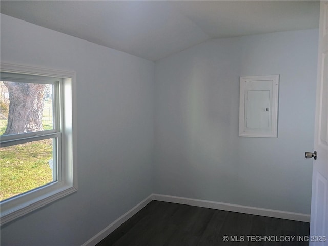 empty room featuring electric panel, plenty of natural light, baseboards, and dark wood-style flooring