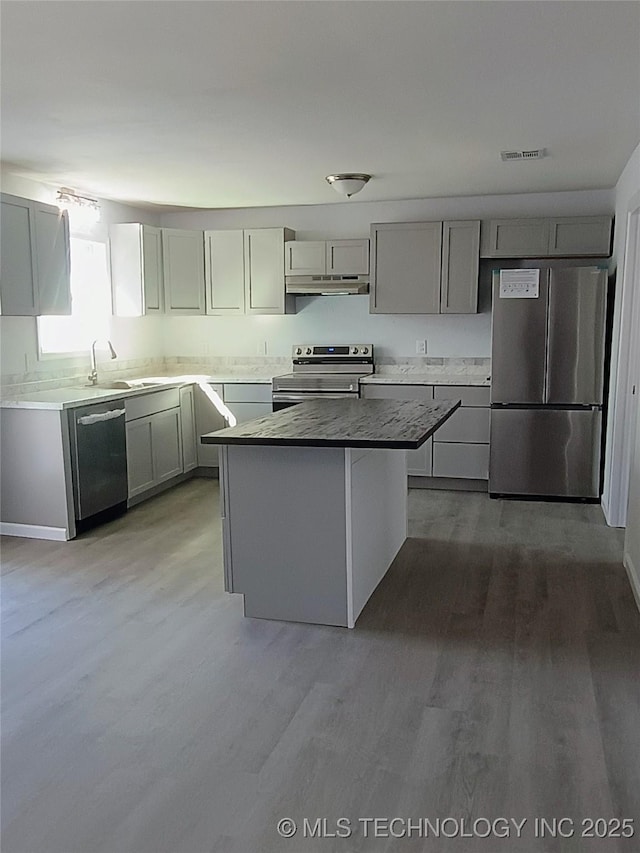 kitchen with under cabinet range hood, stainless steel appliances, gray cabinets, and a sink