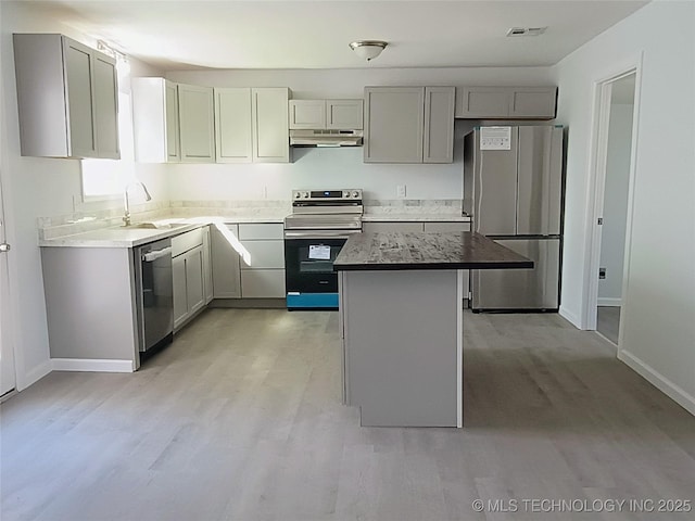 kitchen featuring visible vents, gray cabinetry, a sink, under cabinet range hood, and stainless steel appliances