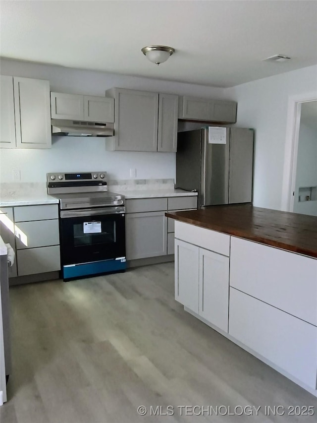 kitchen with under cabinet range hood, butcher block counters, light wood-type flooring, gray cabinets, and appliances with stainless steel finishes