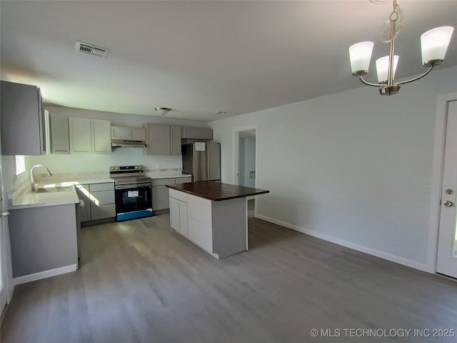 kitchen with visible vents, a center island, under cabinet range hood, appliances with stainless steel finishes, and a sink