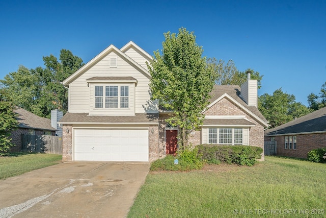 traditional home featuring brick siding, fence, concrete driveway, a front yard, and an attached garage