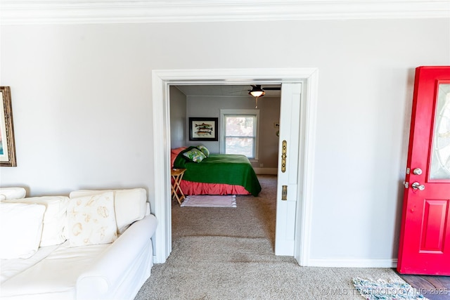 interior space with baseboards, carpet flooring, and crown molding