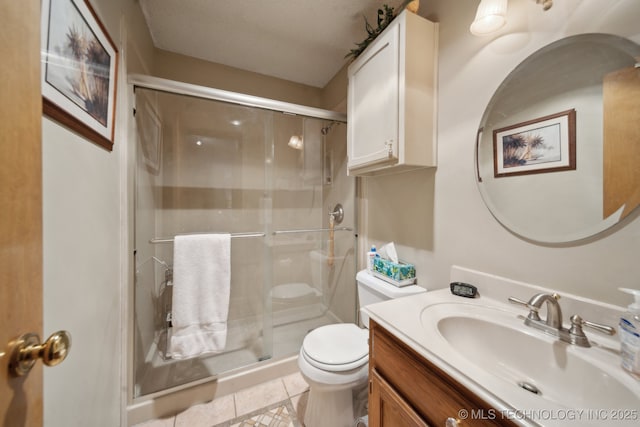 full bath featuring tile patterned flooring, a shower stall, toilet, and vanity