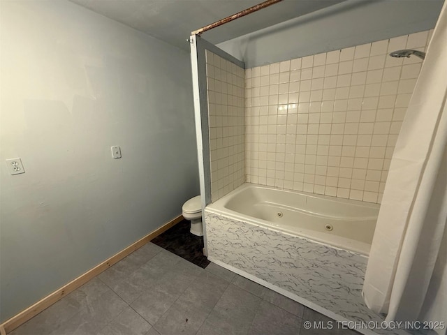 full bathroom with baseboards, toilet, tile patterned flooring, and a combined bath / shower with jetted tub