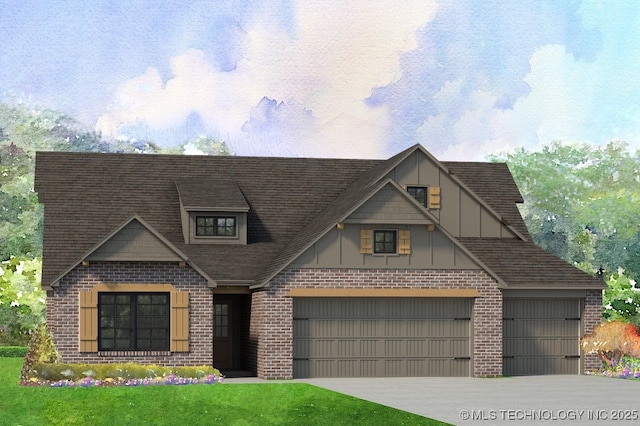 view of front of home featuring concrete driveway, an attached garage, brick siding, and roof with shingles