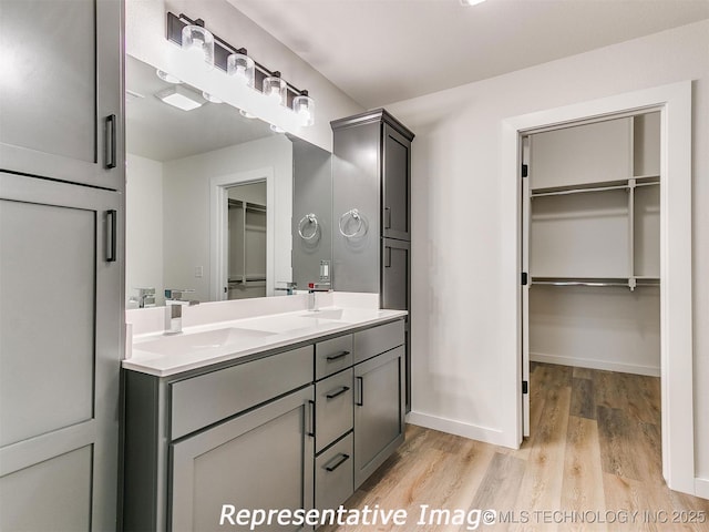 full bath with a spacious closet, double vanity, wood finished floors, and a sink