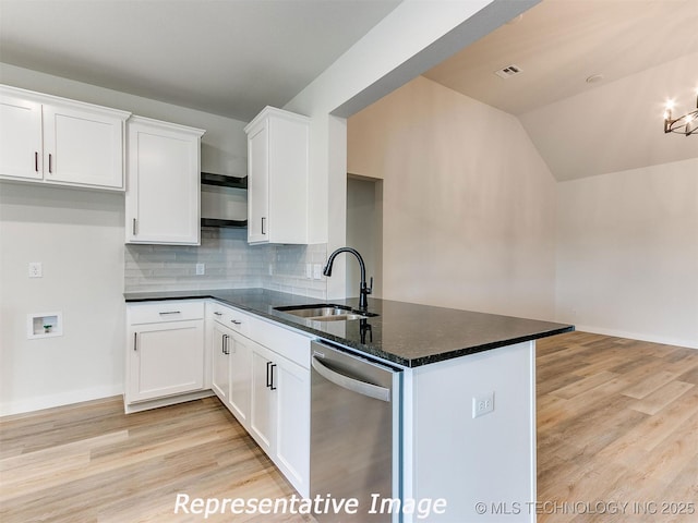 kitchen with a peninsula, a sink, white cabinets, light wood-style floors, and dishwasher