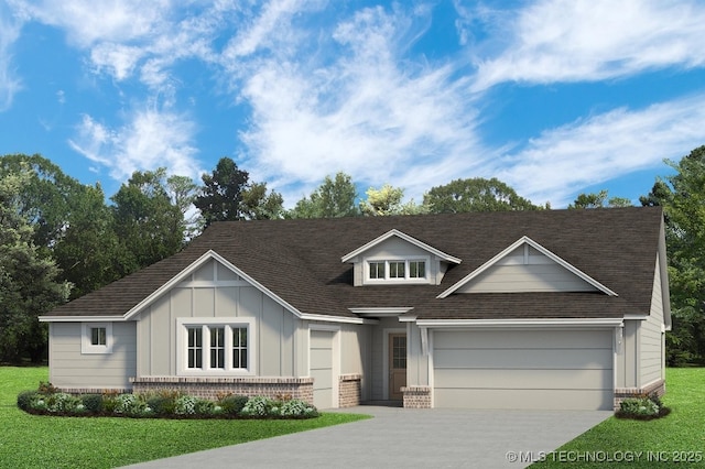 view of front facade with brick siding, board and batten siding, a front yard, a garage, and driveway