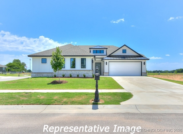 view of front of property featuring driveway, roof with shingles, a standing seam roof, a front lawn, and a garage