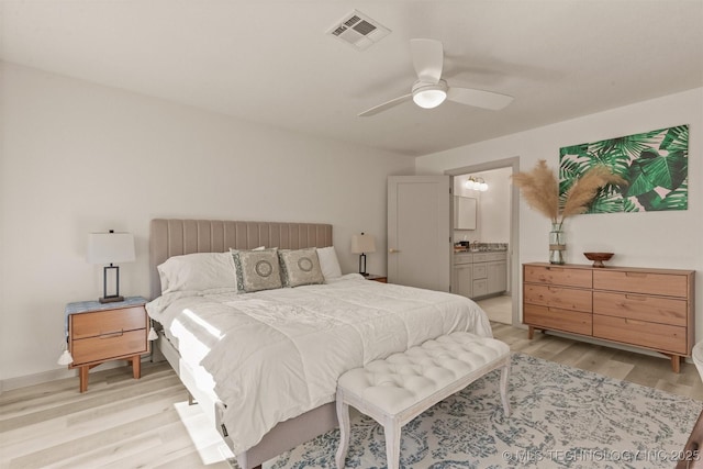 bedroom featuring visible vents, connected bathroom, light wood-type flooring, and a ceiling fan